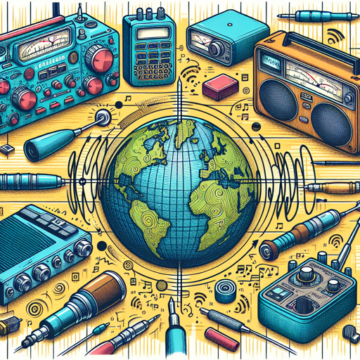 Diversos equipos de radio y tecnología rodean un globo terráqueo, simbolizando la comunicación global. banner