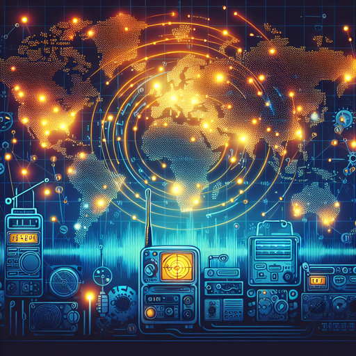 Mapa del mundo iluminado con equipos de radio y tecnología de comunicación global. banner