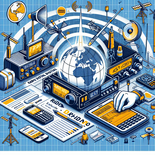 Ilustración de equipos de radio digital DMR, antenas y tecnología de comunicación global. banner