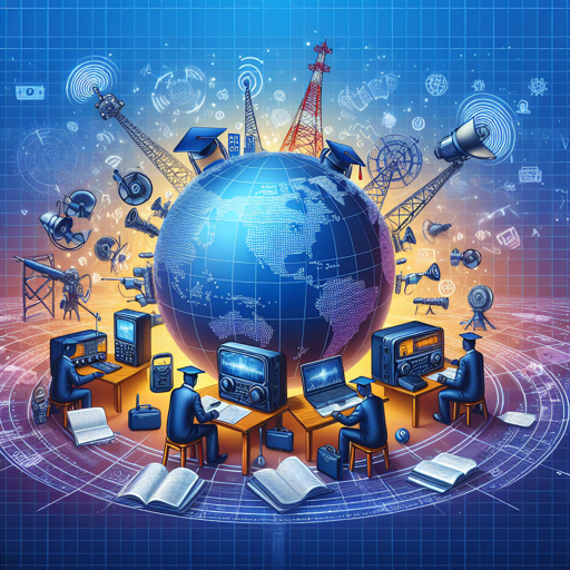 Ilustración de radioaficionados obteniendo diplomas en tecnología y comunicación global. banner