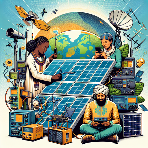 Personas utilizando paneles solares para alimentar equipos de radio y tecnología en un entorno ecológico. banner