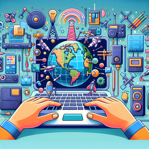 Ilustración de un ordenador con elementos de radioafición y tecnología global. banner