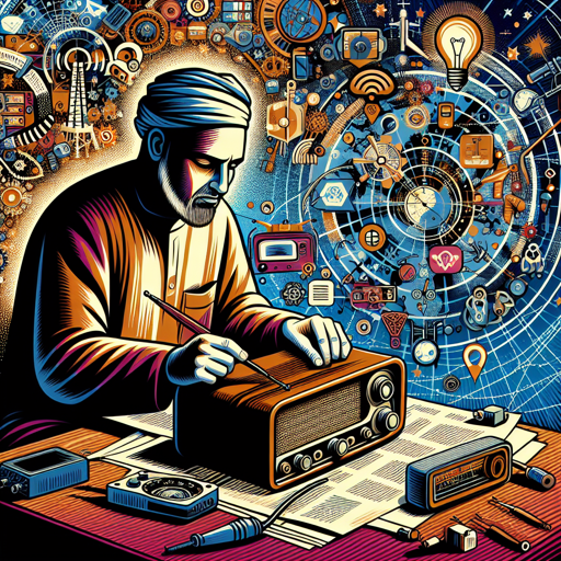 Hombre reparando una radio antigua con herramientas y elementos tecnológicos alrededor. banner