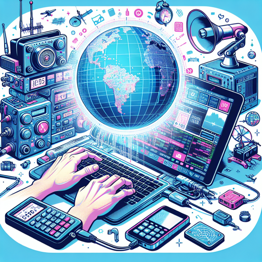Dispositivos SDR portátiles y equipos de radio rodeando un ordenador, simbolizando la comunicación global. banner