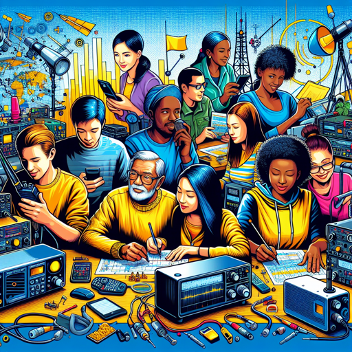Grupo diverso de personas aprendiendo sobre radioafición y tecnología, rodeados de equipos y antenas. banner