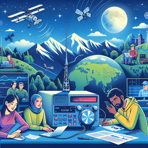 Ilustración de radioaficionados conectando globalmente con equipos de radio y antenas. banner