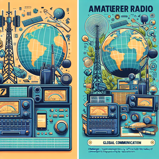 Ilustración de equipos de radio, antenas y un globo terráqueo sobre radioafición y comunicación global. banner