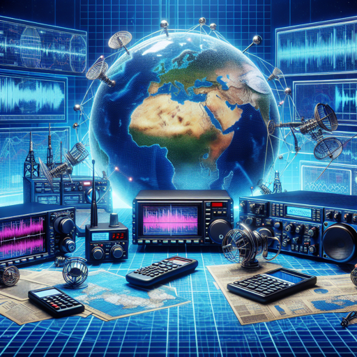 Equipos de radio, antenas y gráficos que ilustran la importancia de las bandas de frecuencia. banner