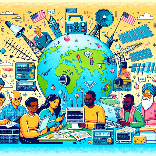 Diversos entusiastas de la radioafición interactúan con equipos y tecnología en un entorno global. banner