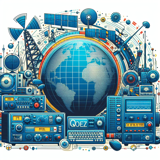 Ilustración de equipos de radio, antenas y tecnología global en el contexto de la radioafición. banner