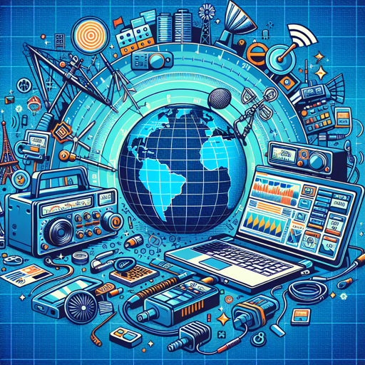 Ilustración de equipos de radio, antenas y tecnología en un contexto de comunicación global. banner