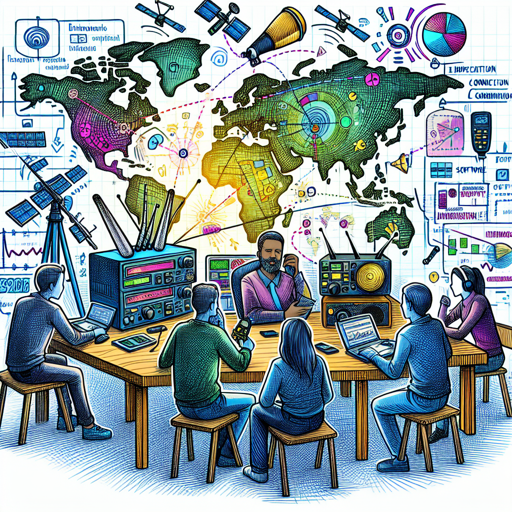 Grupo de radioaficionados discutiendo sobre equipos y tecnología de comunicación global. banner