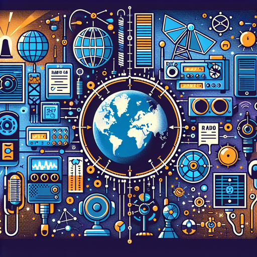 Diseño colorido que representa equipos de radio, antenas y tecnología de comunicación global. banner