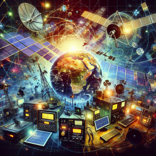 Ilustración de satélites y equipos de radio para comunicación global en radioafición. banner