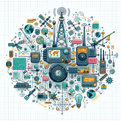 Ilustración de equipos de radio, antenas y tecnología relacionados con la radioafición y comunicación global. banner