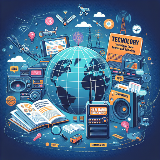 Ilustración de equipos de radio, antenas y libros sobre radioafición y tecnología global. banner