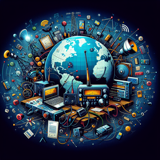 Una mesa con equipos de radio, antenas y un globo terráqueo, simbolizando la radioafición y tecnología. banner