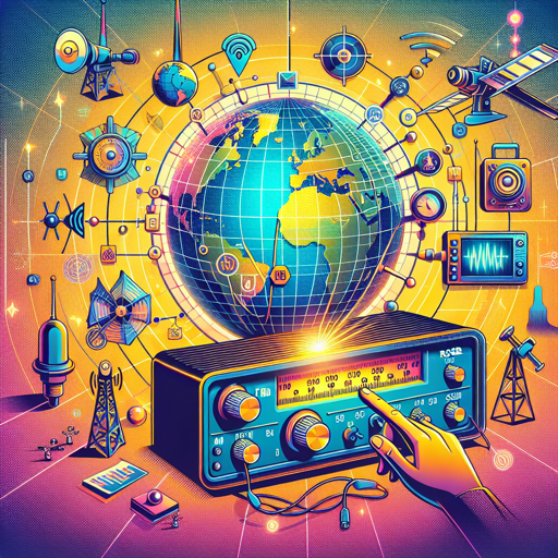 Ilustración de un equipo de radio con el mundo y elementos de comunicación global. banner