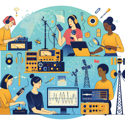 Mujeres en radioafición usando equipos, antenas y tecnología para la comunicación global. banner