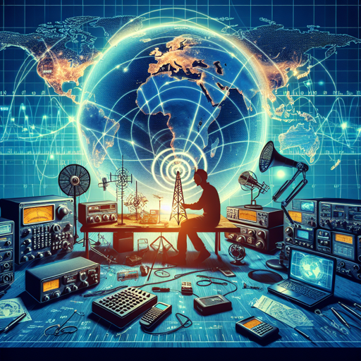 Persona operando equipos de radio en un entorno tecnológico, con un mapa mundial de fondo. banner