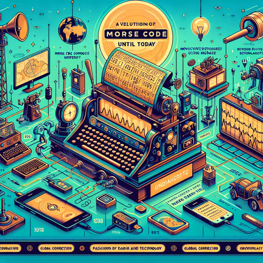 Evolución del código Morse, equipos de radio y tecnología en un diseño colorido. banner