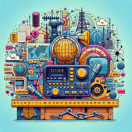 Ilustración colorida de equipos de radio, antenas y mapas, representando la radioafición y tecnología. banner