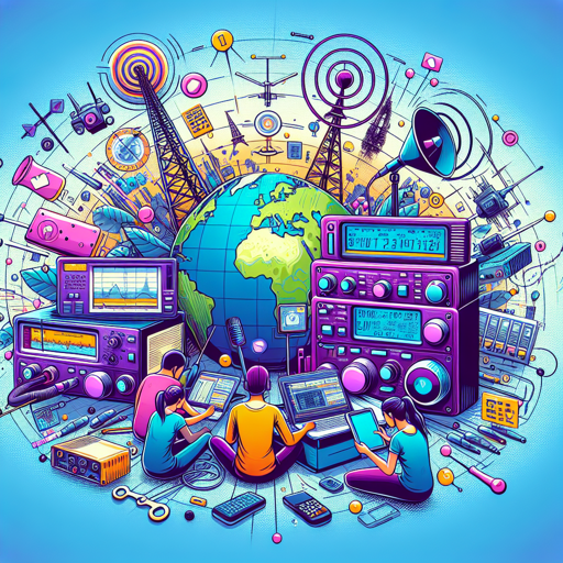 Personas utilizando equipos de radio y tecnología en un entorno de comunicación global. banner