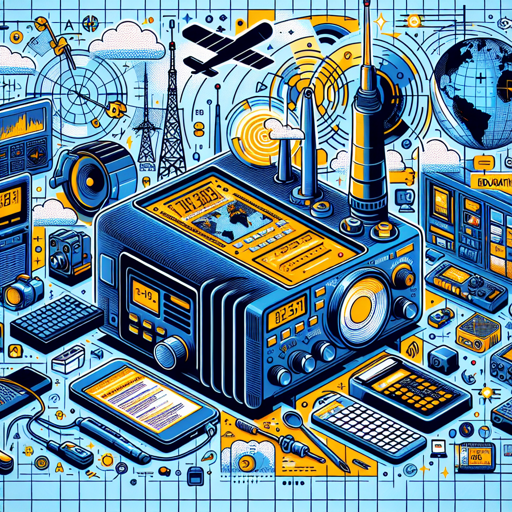 Ilustración de equipos de radio, antenas y tecnología en el contexto de la radioafición global. banner