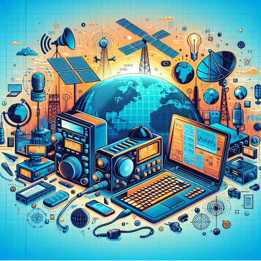 Estación base de radioafición con equipos y antenas, simbolizando tecnología y comunicación global. banner