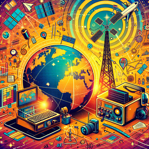 Ilustración colorida de equipos de radio y tecnología, representando la comunicación global y DXing. banner