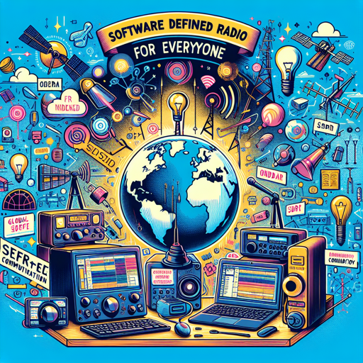 Ilustración colorida sobre software SDR, equipos de radio y comunicación global en un entorno tecnológico. banner