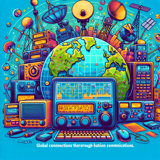 Ilustración colorida de equipos de radio, antenas y un globo terráqueo, simbolizando la radioafición. banner