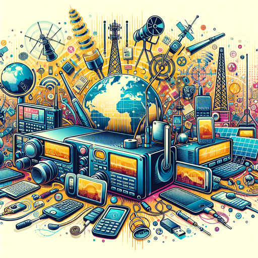 Ilustración de equipos de radio y tecnología que representan la radioafición y comunicación global. banner