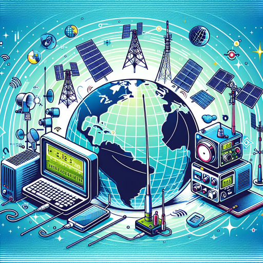 Ilustración de tecnología LoRa en radioafición, con equipos y antenas para comunicación global. banner