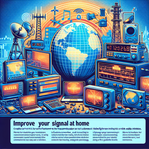 Ilustración de equipos de radio y antenas para mejorar la señal en casa, destacando la tecnología. banner