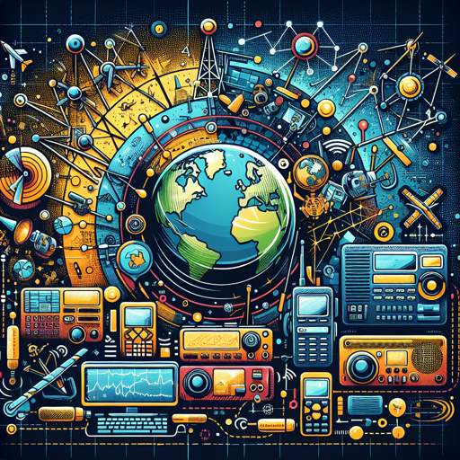 Ilustración colorida de equipos de radio, antenas y un mapa del mundo, simbolizando la radioafición. banner