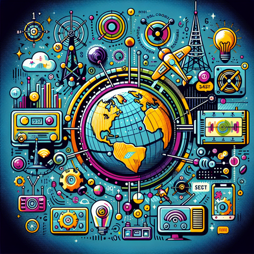 Ilustración colorida de comunicación global con equipos de radio, antenas y tecnología. banner