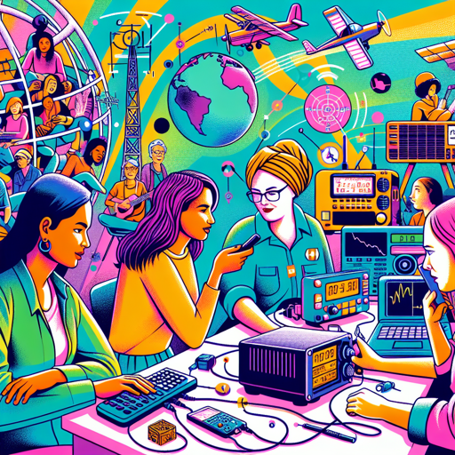 Grupo de mujeres radioaficionadas sonriendo mientras operan equipos de radio, simbolizando su importante contribución a la comunidad de radioaficionados.